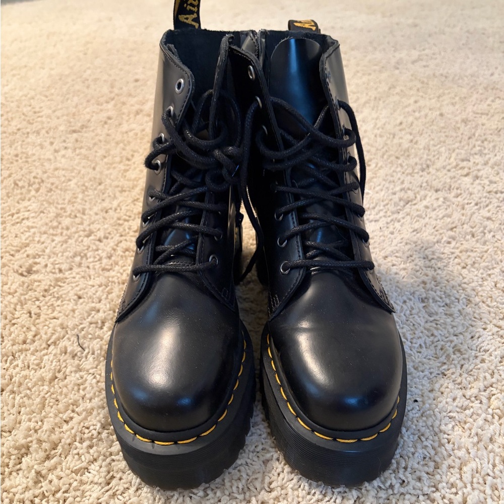 Dr. Martens Black Platform Lace-Up Combat Boots with Yellow Stitching